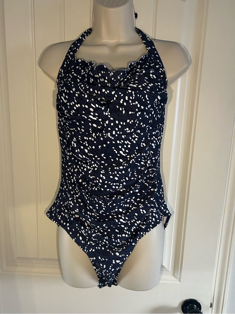 NEW EoMenie Navy Blue Halter One Piece Swimsuit Ruffle Top Built In Bra Sz XL